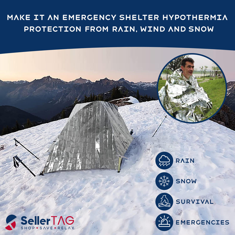 SellerTAG Emergency Foil Mylar Thermal Blanket, 52" x 84", Designed for NASA, Useful for Homeless care, Charity, Survival ,First Aid, Camping Gear, Hiking ( Silver, individually wrapped)