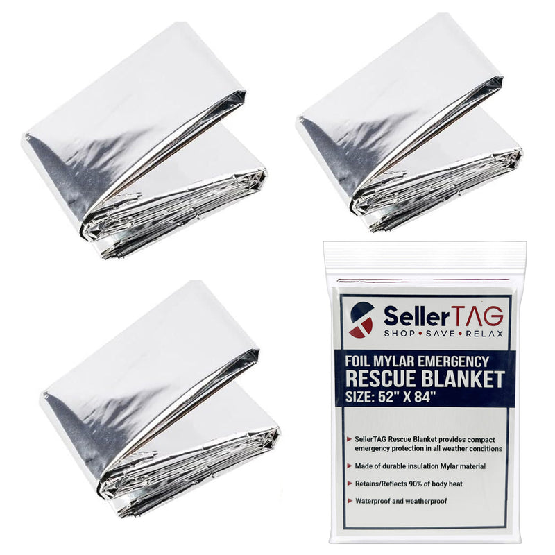 SellerTAG Emergency Foil Mylar Thermal Blanket, 52" x 84", Designed for NASA, Useful for Homeless care, Charity, Survival ,First Aid, Camping Gear, Hiking ( Silver, individually wrapped)
